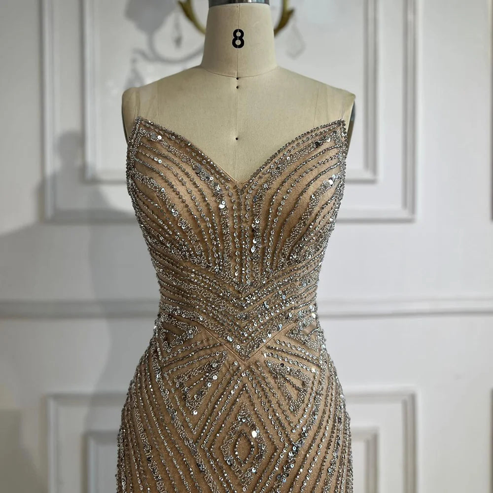 Luxury Nude V Neck Beaded Mermaid Evening Dress Sleeveless LA72981