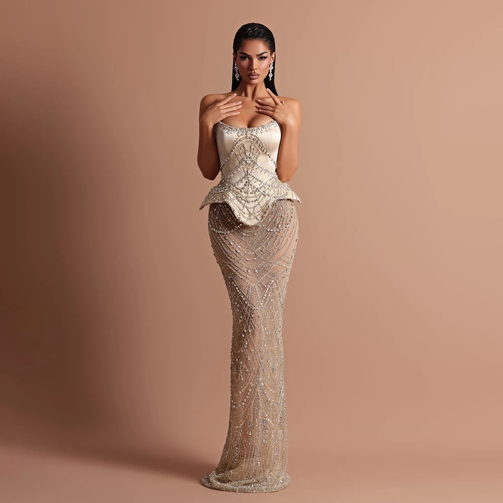 Luxury Nude Beaded Strapless Mermaid Evening Dress LA73166