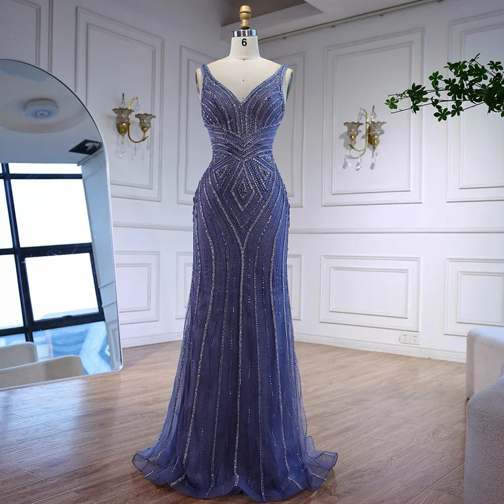Brown V Neck Beaded Mermaid Evening Dress for Wedding Party LA73013