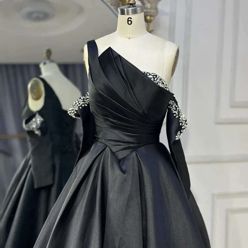 Luxury Black Satin One Shoulder Beaded A-Line Evening Dress LA72741