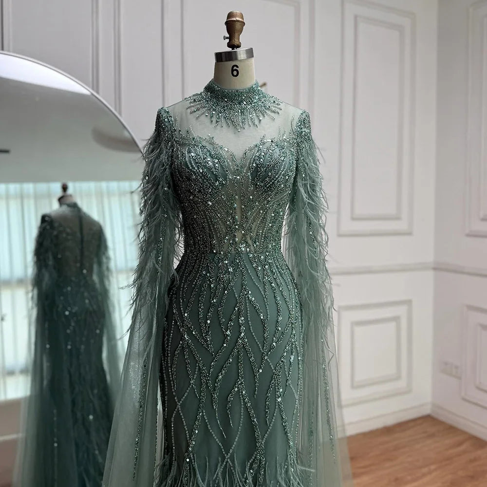 Luxury Nude Feather Beaded High Neck Formal Evening Dress for Women LA71885C
