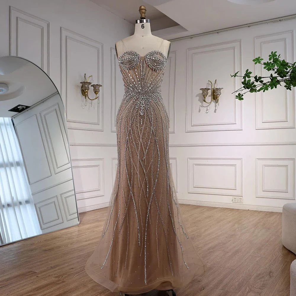 Luxury Nude Strapless Beaded Mermaid Evening Dress LA73133