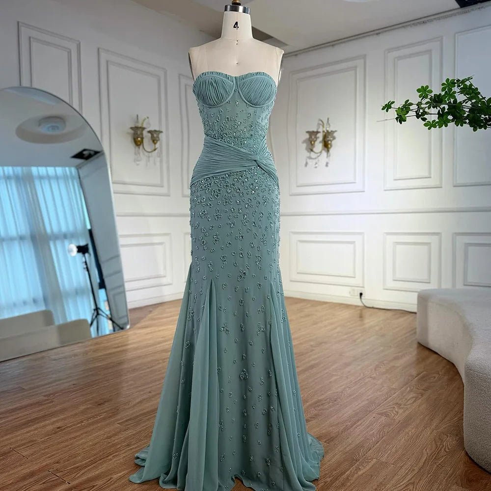Luxury Turquoise Strapless Beaded Mermaid Evening Dress with Gloves LA72933