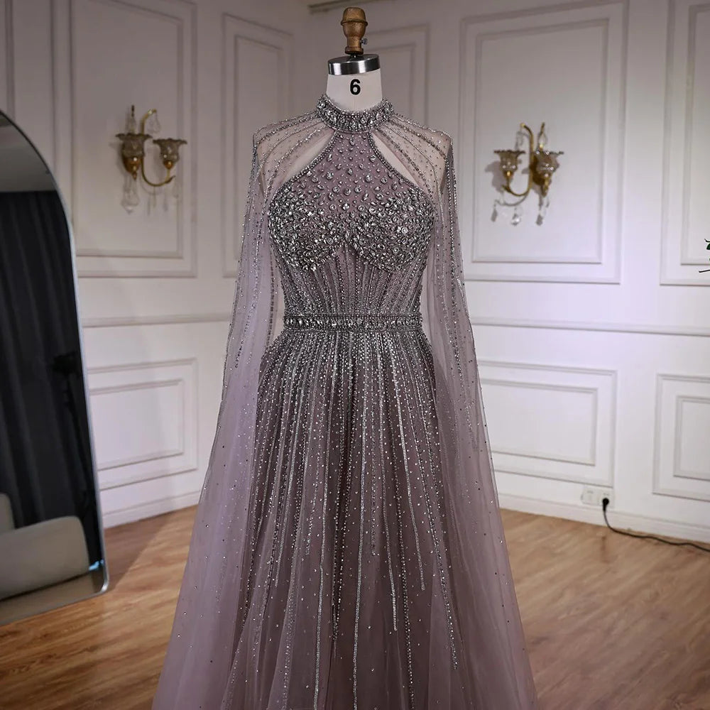 Luxury Turquoise Beaded A-Line Evening Dress with Cape Sleeves LA73054