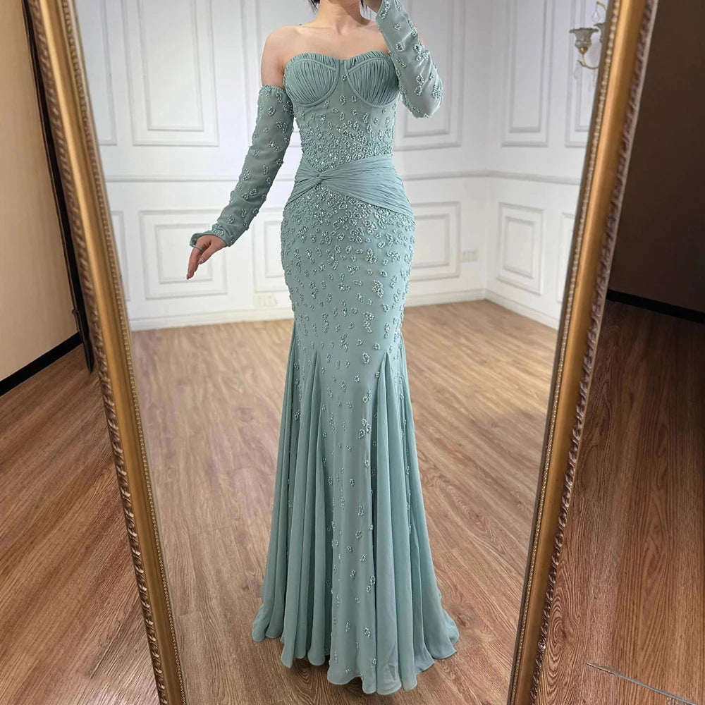 Luxury Turquoise Strapless Beaded Mermaid Evening Dress with Gloves LA72933