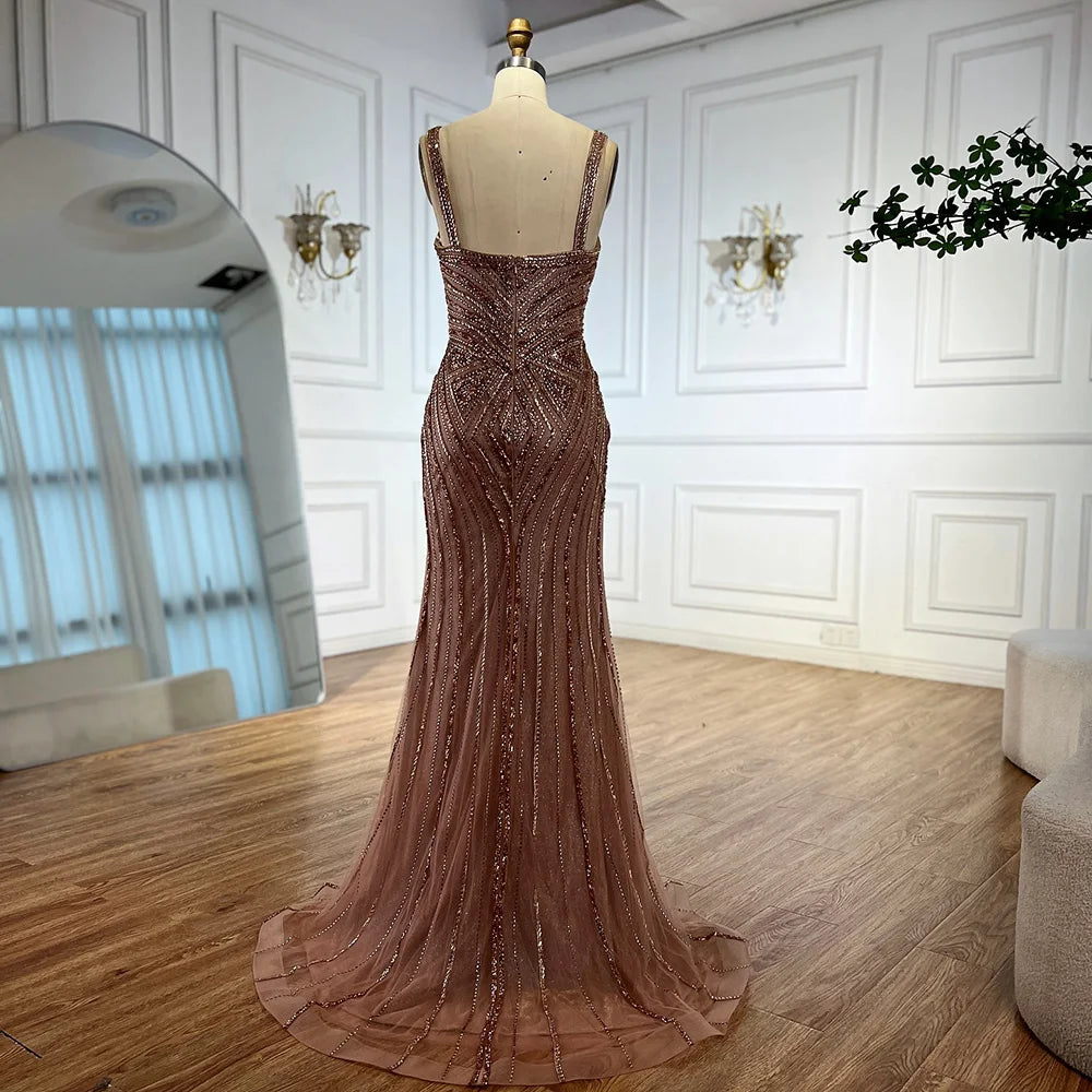 Brown V Neck Beaded Mermaid Evening Dress for Wedding Party LA73013