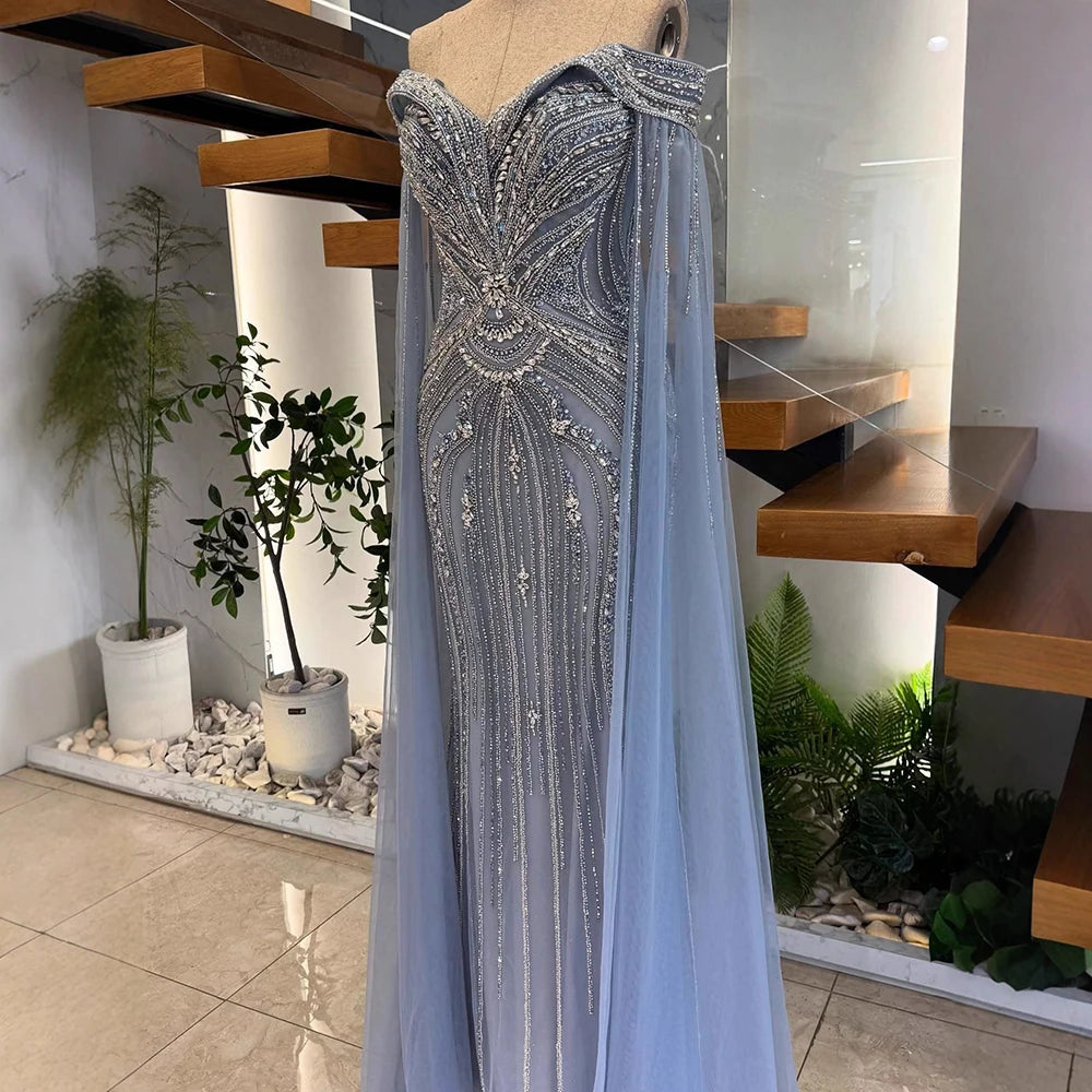 Luxury Blue Beaded Cape Sleeve Saudi Arabic Evening Dress LA73151