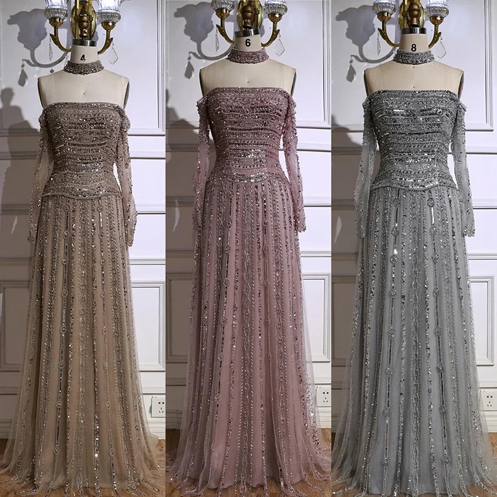 Caramel Off Shoulder Beaded Mermaid Evening Dress Long Sleeves LA73053