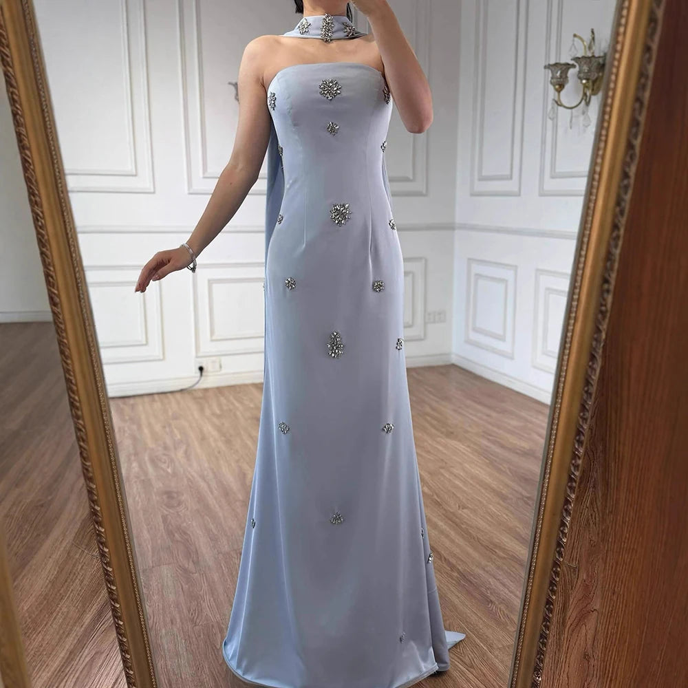 Luxury Blue Arabic Mermaid Crystal Evening Dress with Cape LA73100