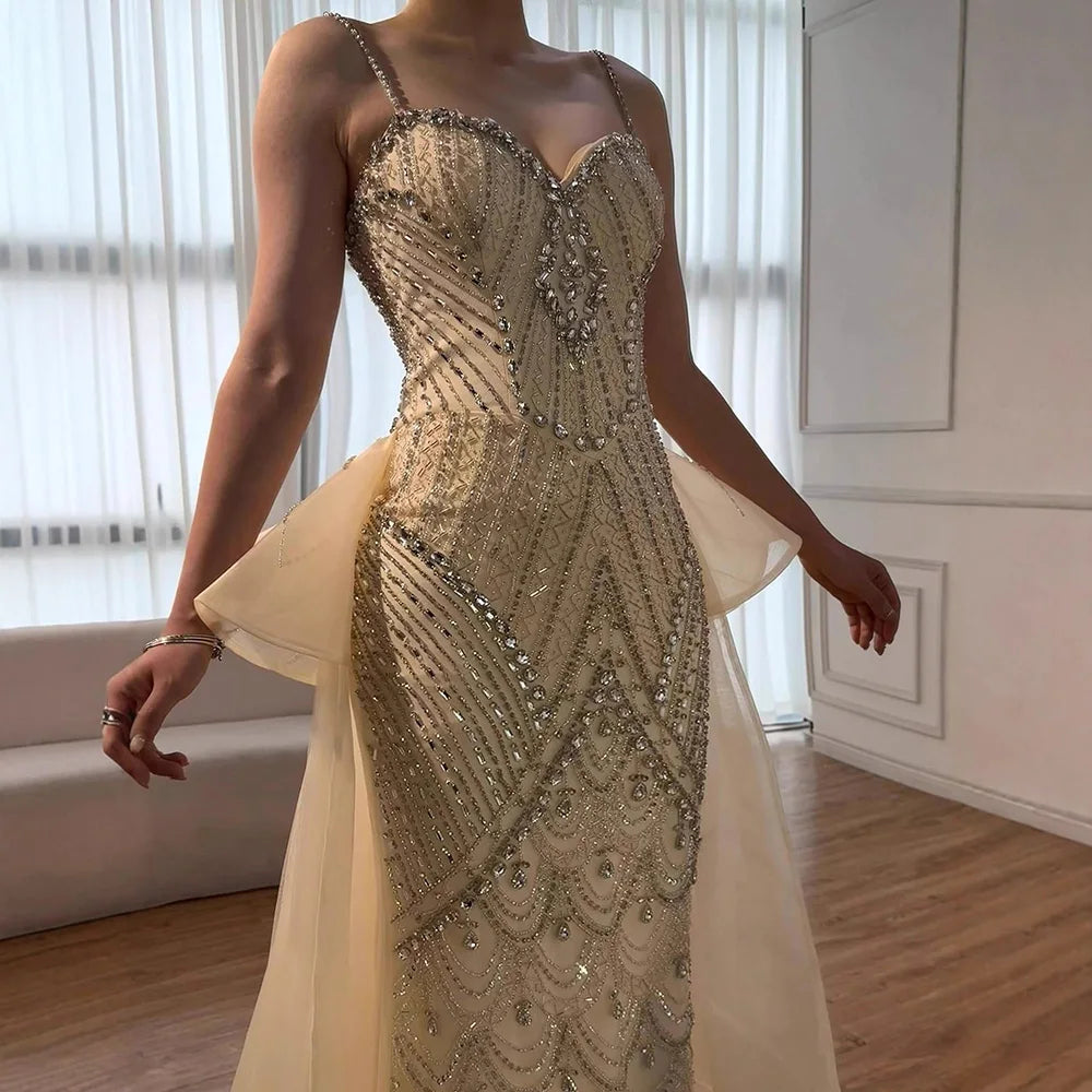 Luxury Pink Crystal Beaded Mermaid Evening Dress with Overskirt LA73143