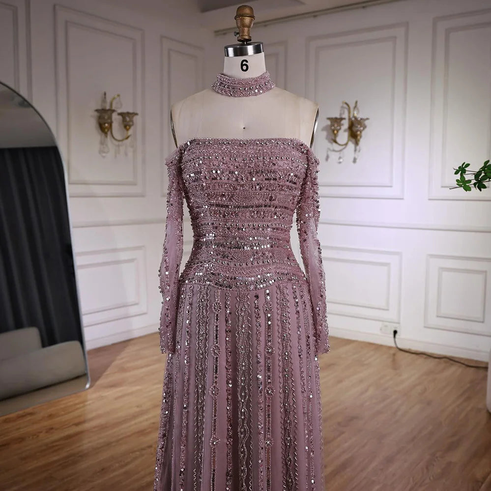 Caramel Off Shoulder Beaded Mermaid Evening Dress Long Sleeves LA73053