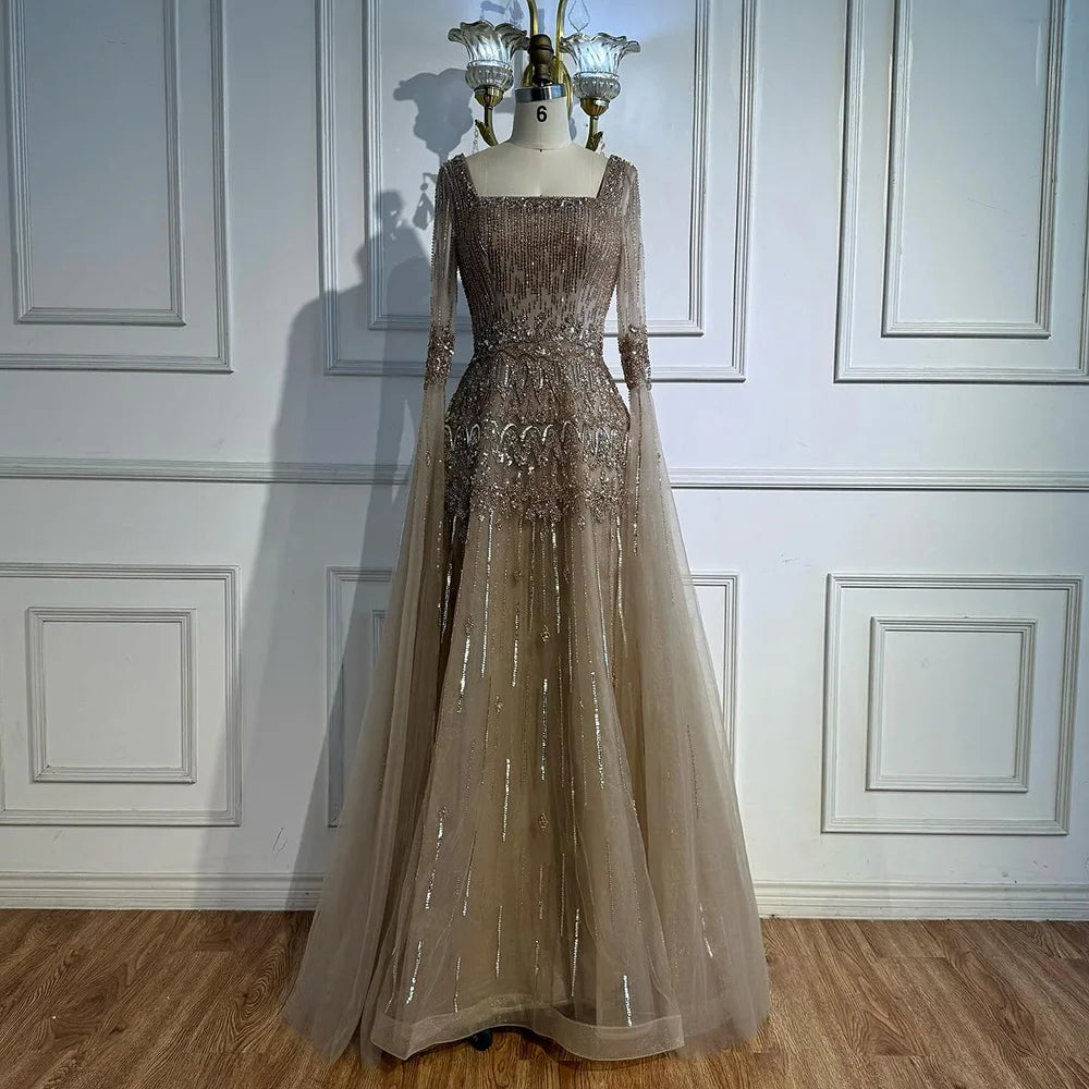 Caramel A-Line Evening Dress with Beaded Cape Sleeves LA73089