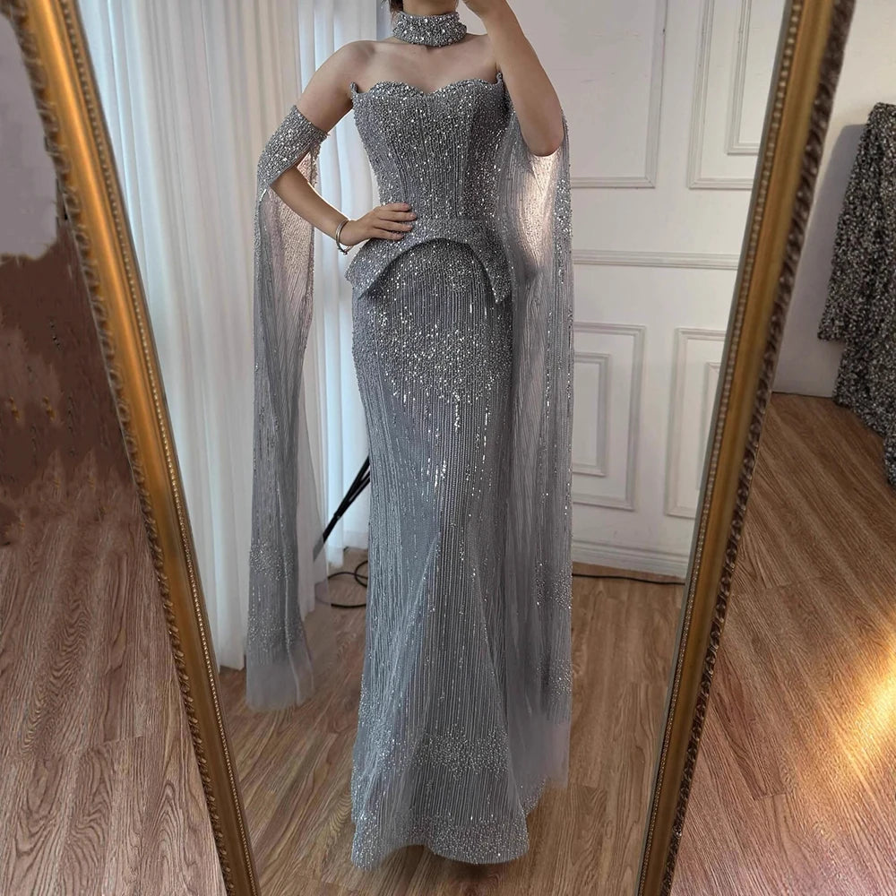 Luxury Gray Beaded Off-Shoulder Evening Dress with Cape Sleeves LA73076
