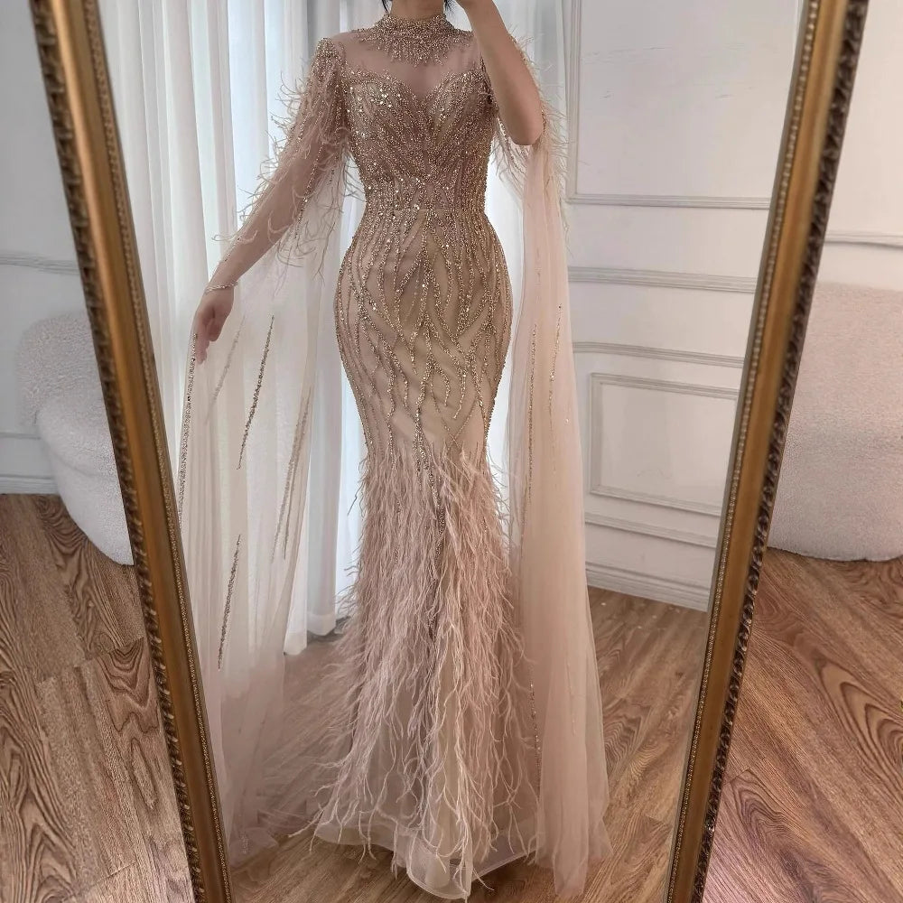 Luxury Nude Feather Beaded High Neck Formal Evening Dress for Women LA71885C