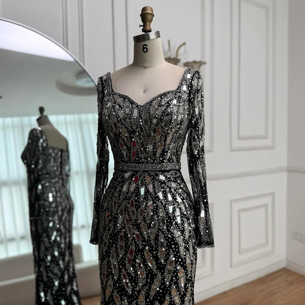 Luxury Black Silver Sequin Long Sleeve Mermaid Evening Dress LA73113