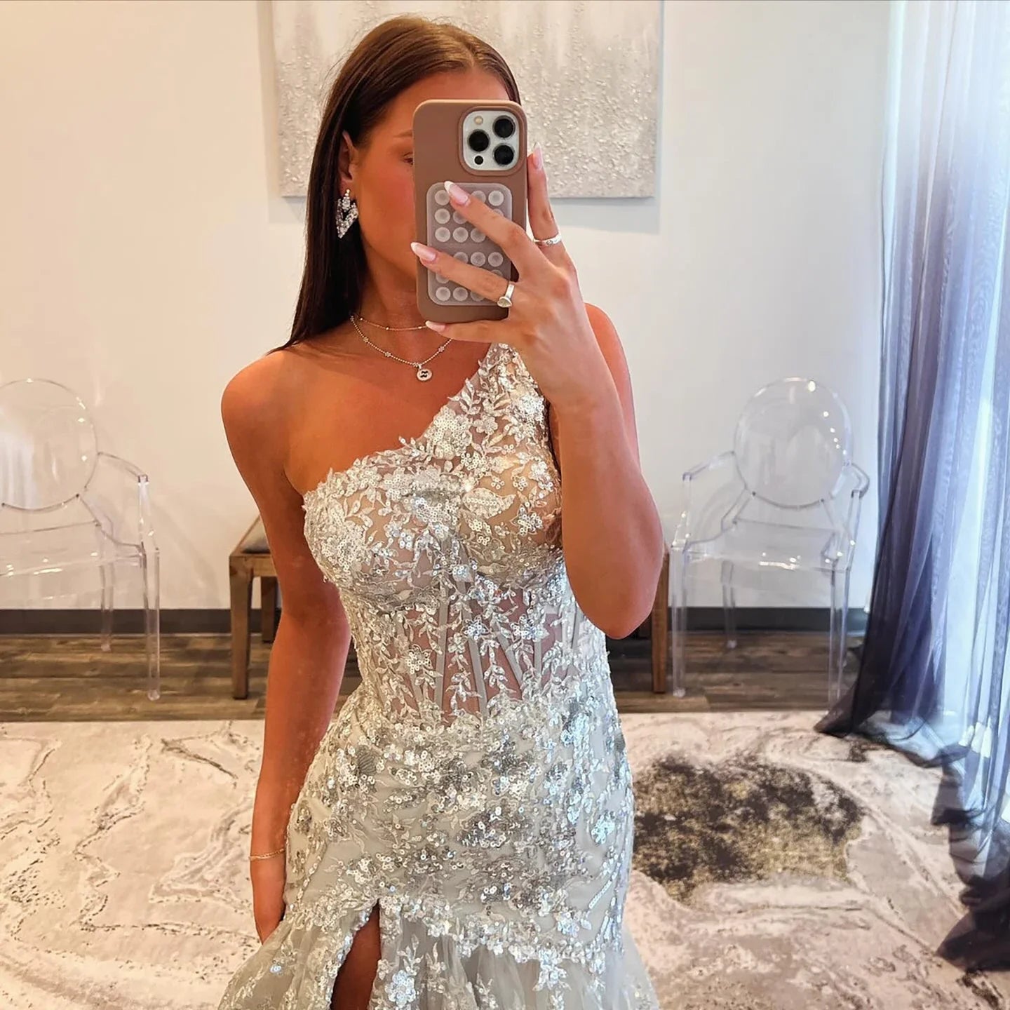 Luxury Silver Tiered Beaded One Shoulder Formal Evening Dress LA72593B