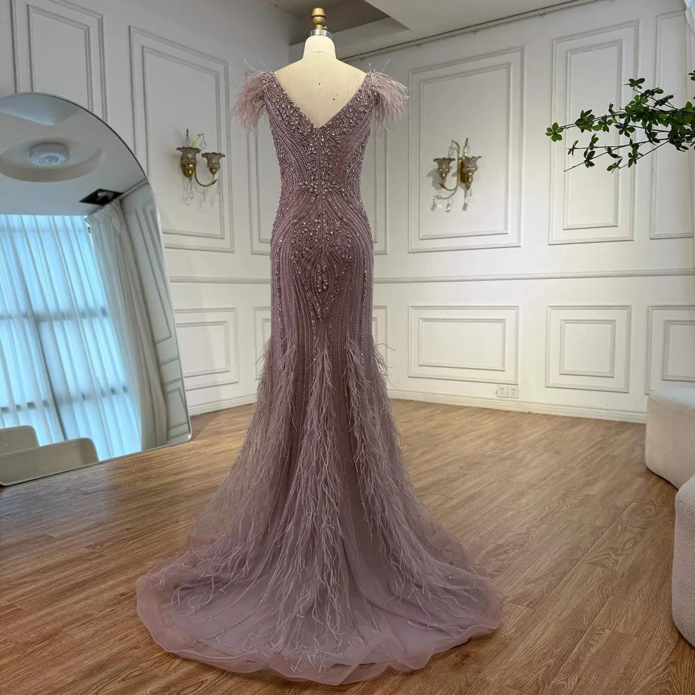 Luxury Pink Feathered Mermaid Evening Dress with Beaded Hem LA73098