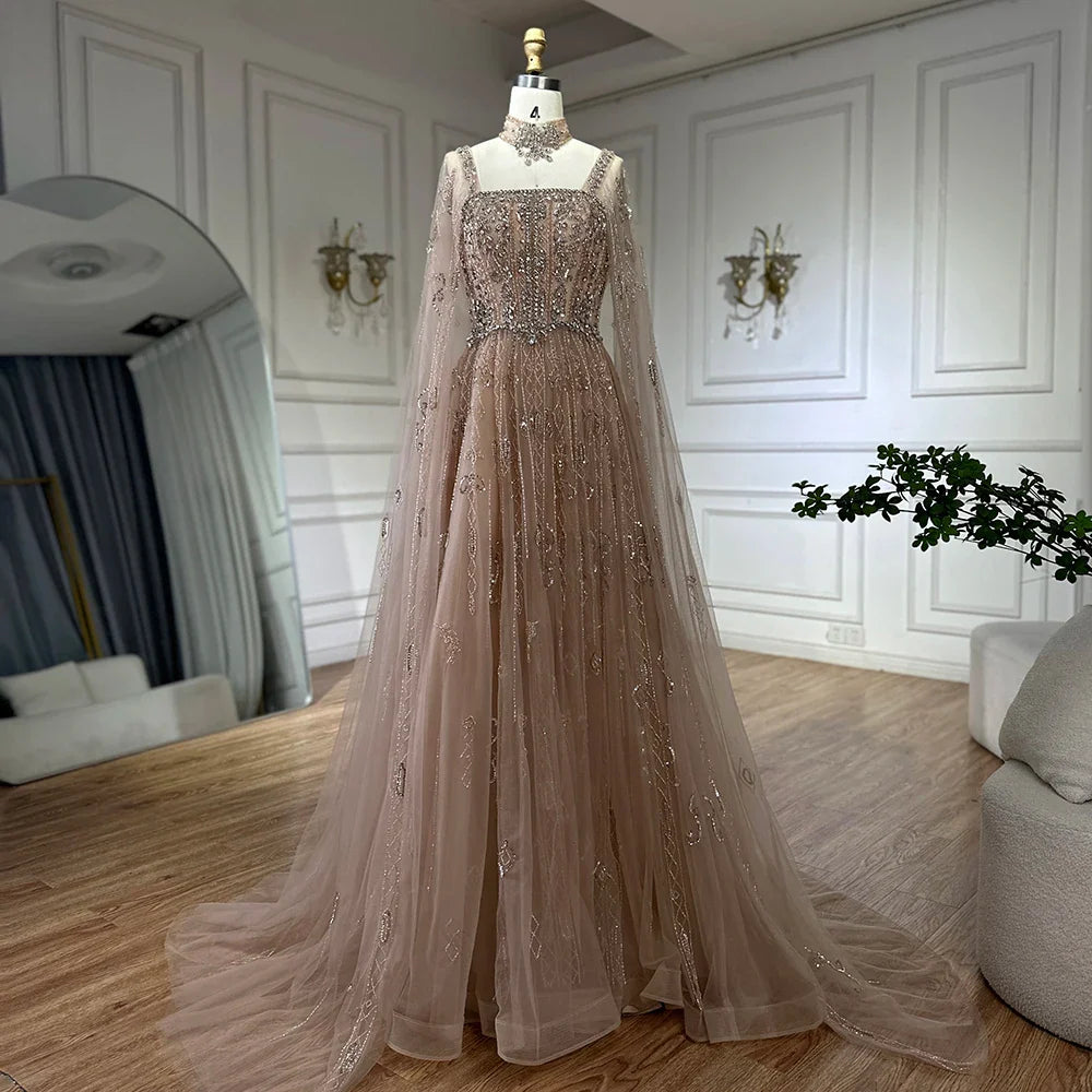 Luxury Nude A-Line Crystal Beaded Arabic Evening Dress LA72764
