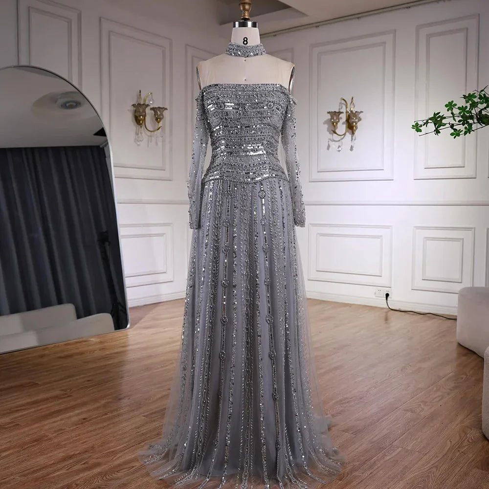Caramel Off Shoulder Beaded Mermaid Evening Dress Long Sleeves LA73053