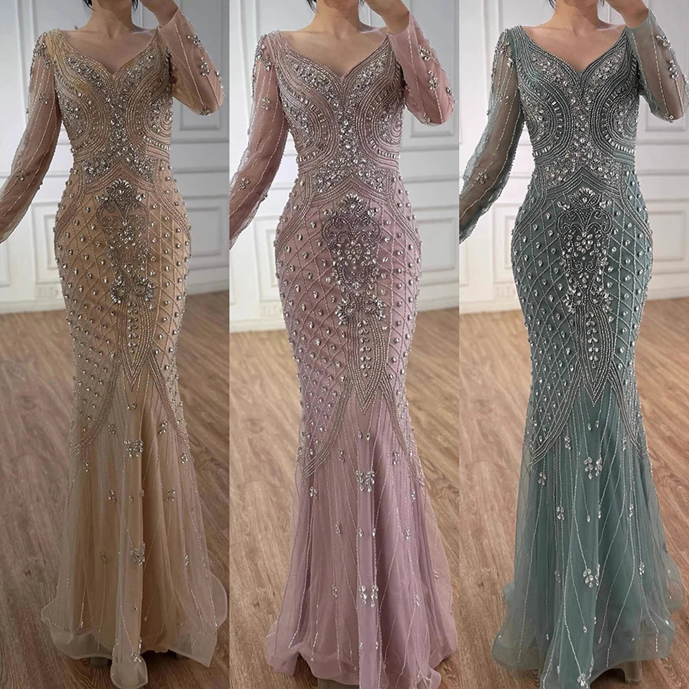 Luxury Nude Long Sleeve Beaded Mermaid Evening Dress LA73155