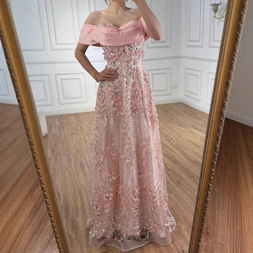 Luxury Pink A-Line Evening Dress with 3D Flowers & Beads LA73157