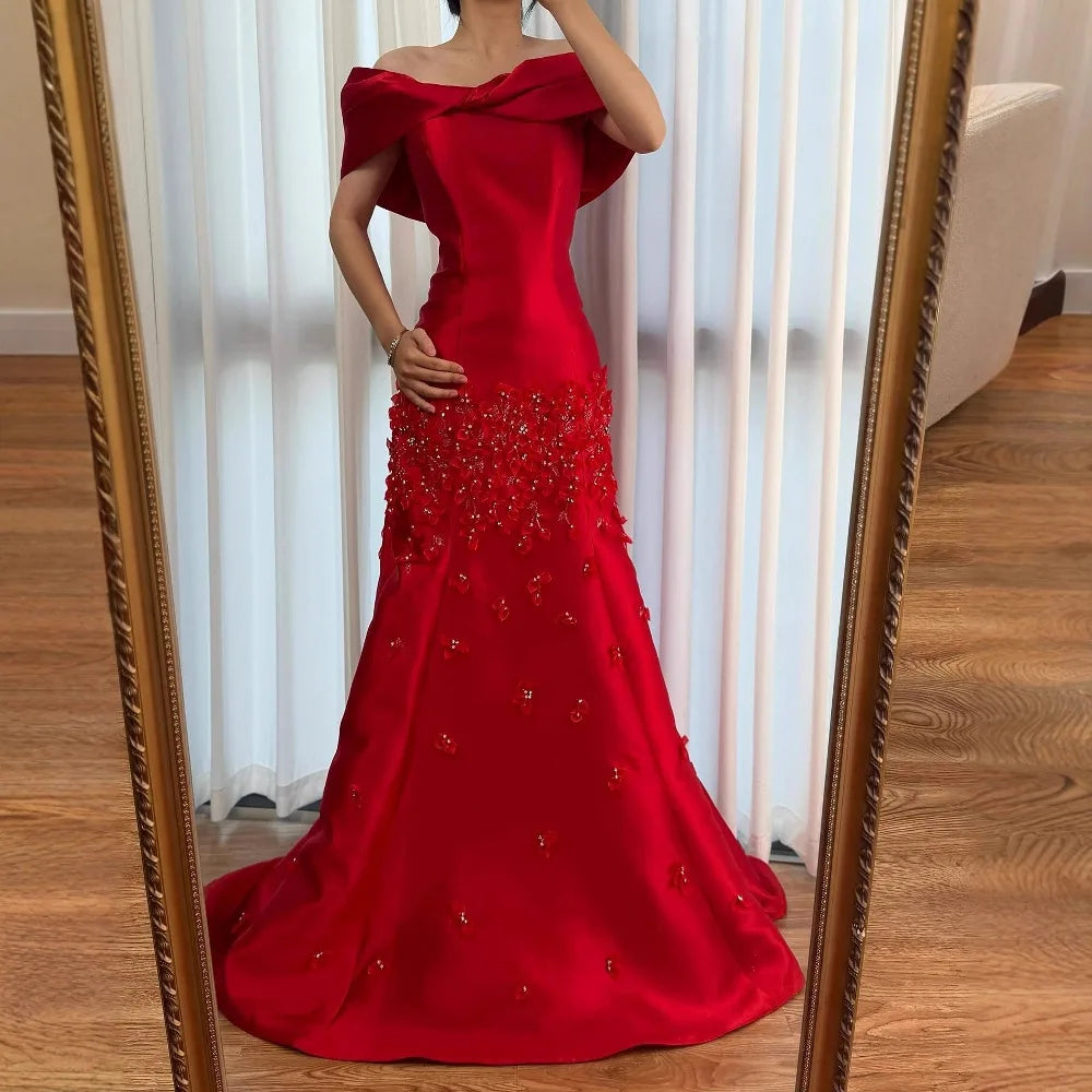 Luxury Peach Satin Mermaid Evening Dress with Appliques LA72483