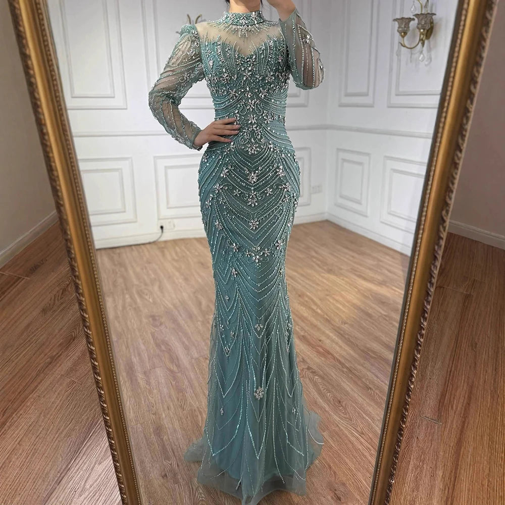 Luxury Pink Beaded Mermaid Evening Dress Long Sleeve LA73158