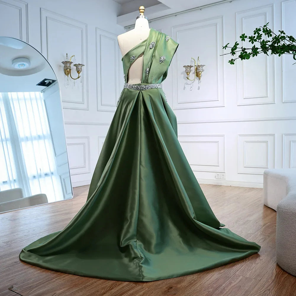 Luxury Dark Green Satin Beaded One Shoulder Evening Dress LA72845