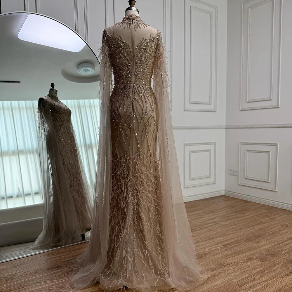 Luxury Nude Feather Beaded High Neck Formal Evening Dress for Women LA71885C