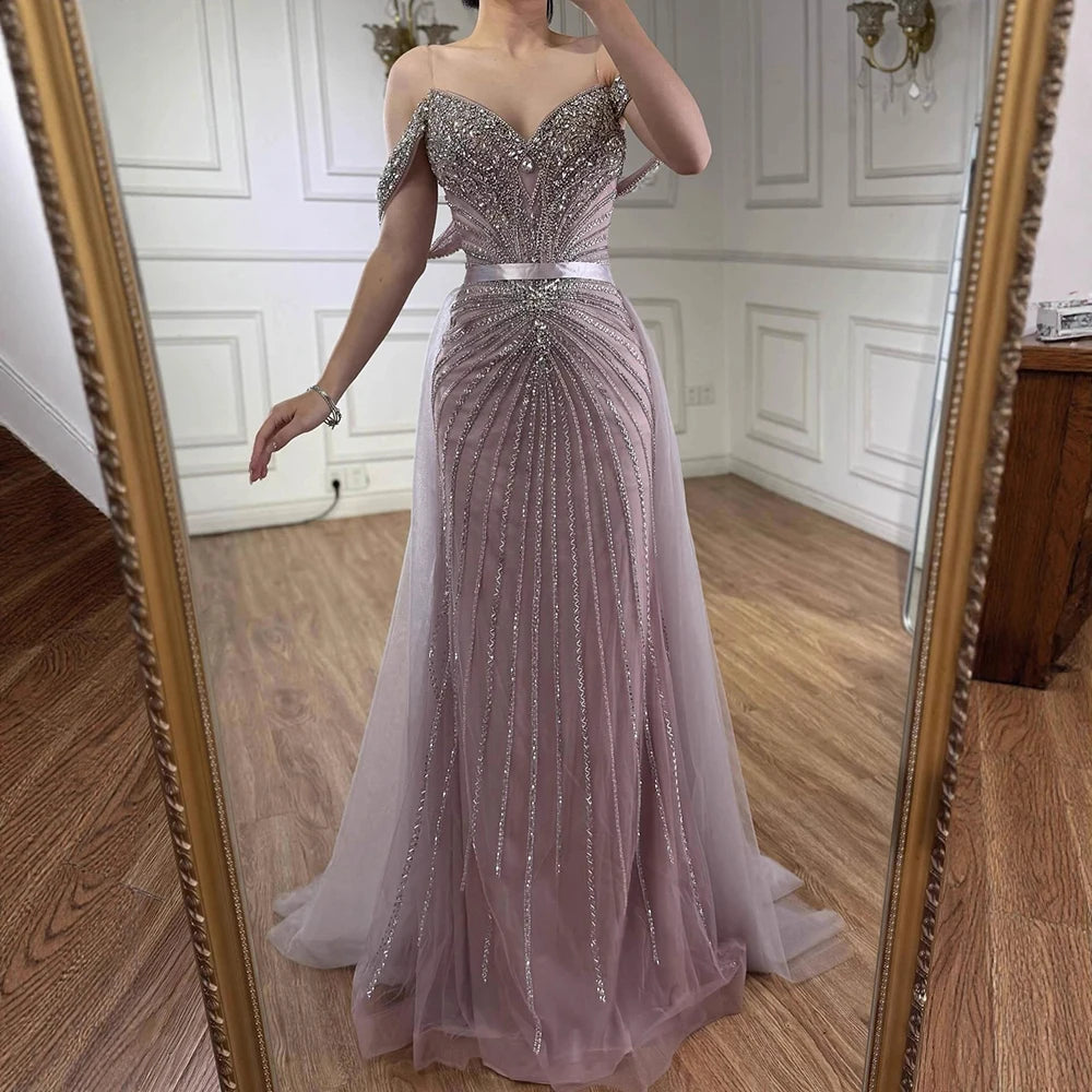 Luxury Nude Arabic Crystal Beaded Mermaid Off Shoulder Evening Dress LA73128