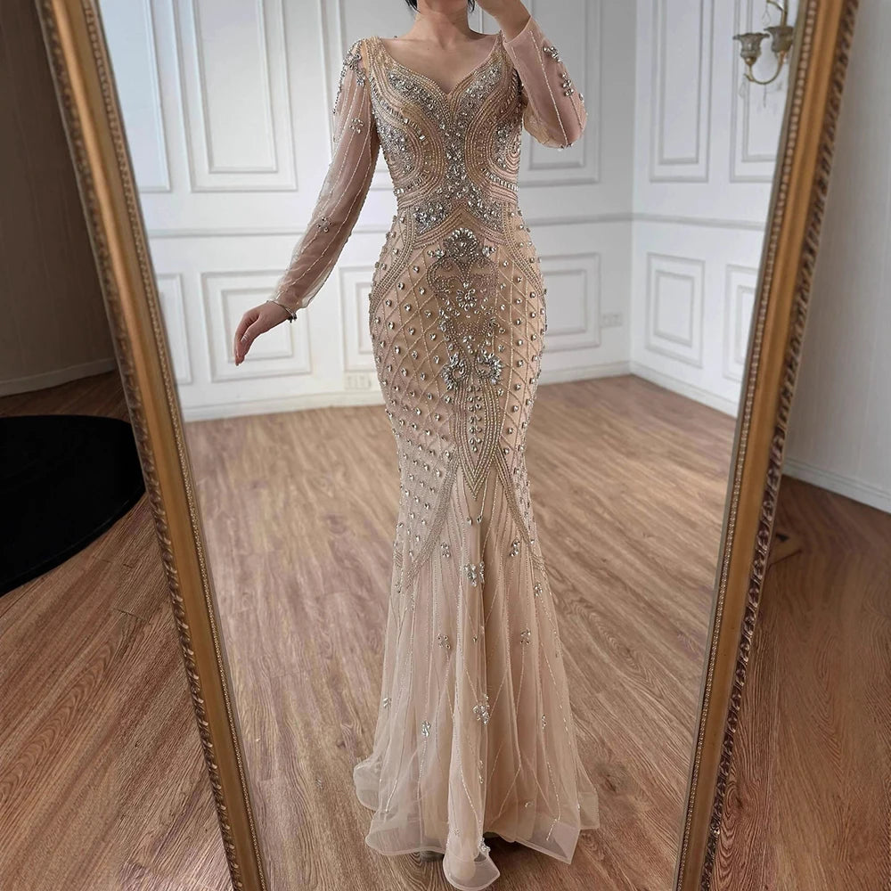 Luxury Nude Long Sleeve Beaded Mermaid Evening Dress LA73155