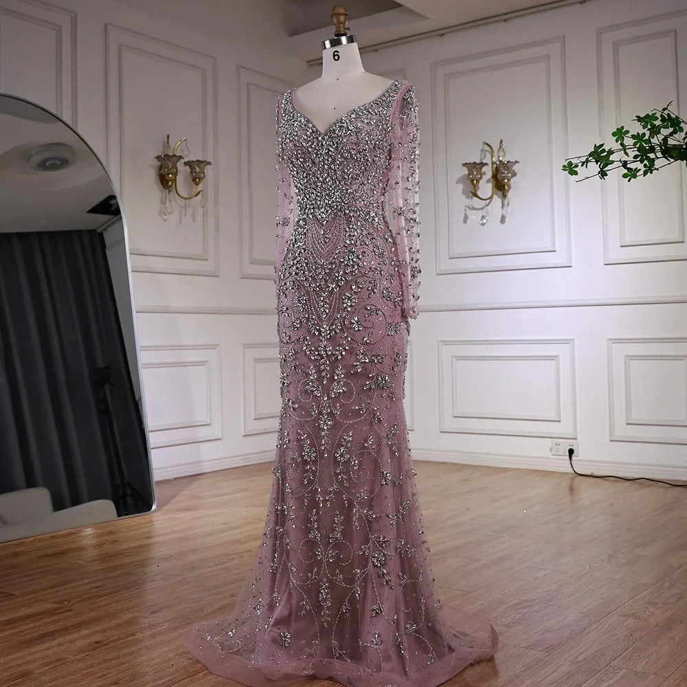 Luxury Nude Beaded Crystal Mermaid Evening Dress with Long Sleeves LA73042