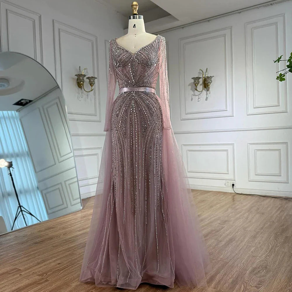 Luxury Nude Beaded Evening Dress with Detachable Overskirt LA73156