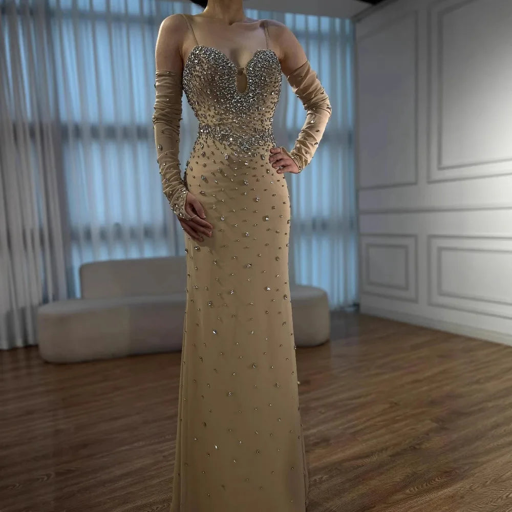 Luxury Nude Beaded Mermaid Dress with Detachable Sleeves LA73065