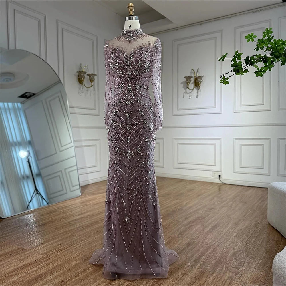 Luxury Pink Beaded Mermaid Evening Dress Long Sleeve LA73158