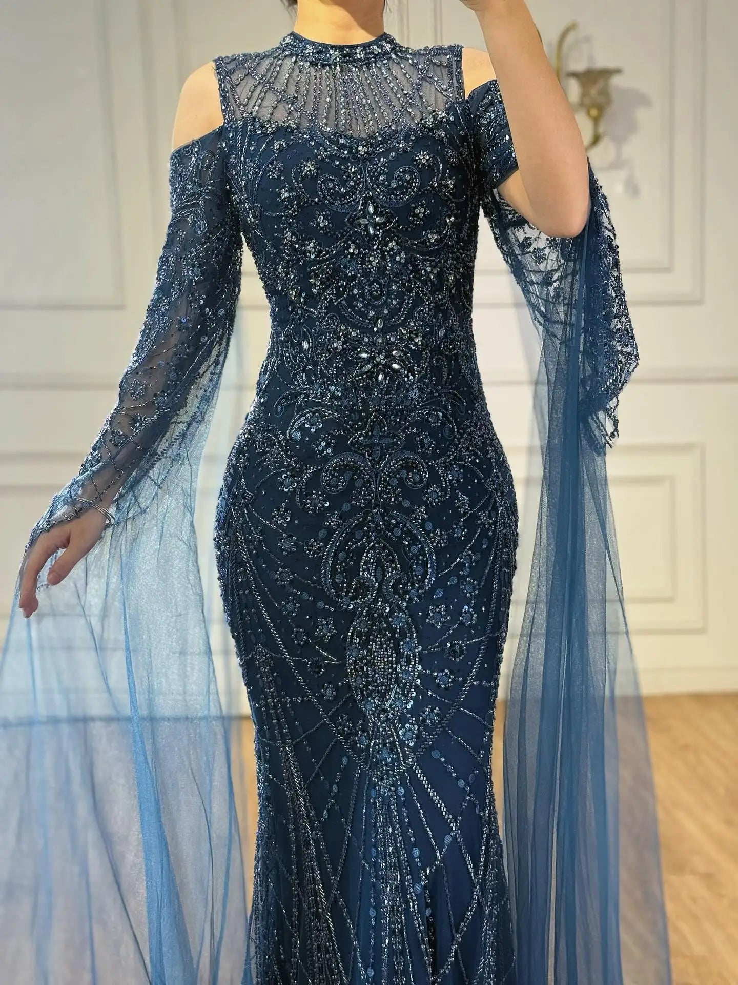 Luxury Dubai Navy Blue Beaded Lace Evening Dress with Cape Sleeves LA73323