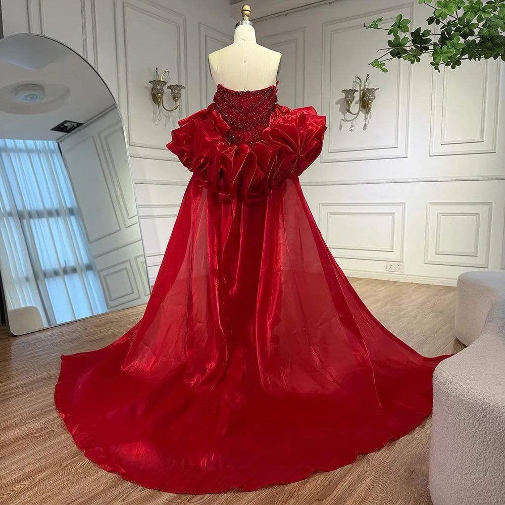Luxury Red Strapless Mermaid Evening Dress with Cape LA72896