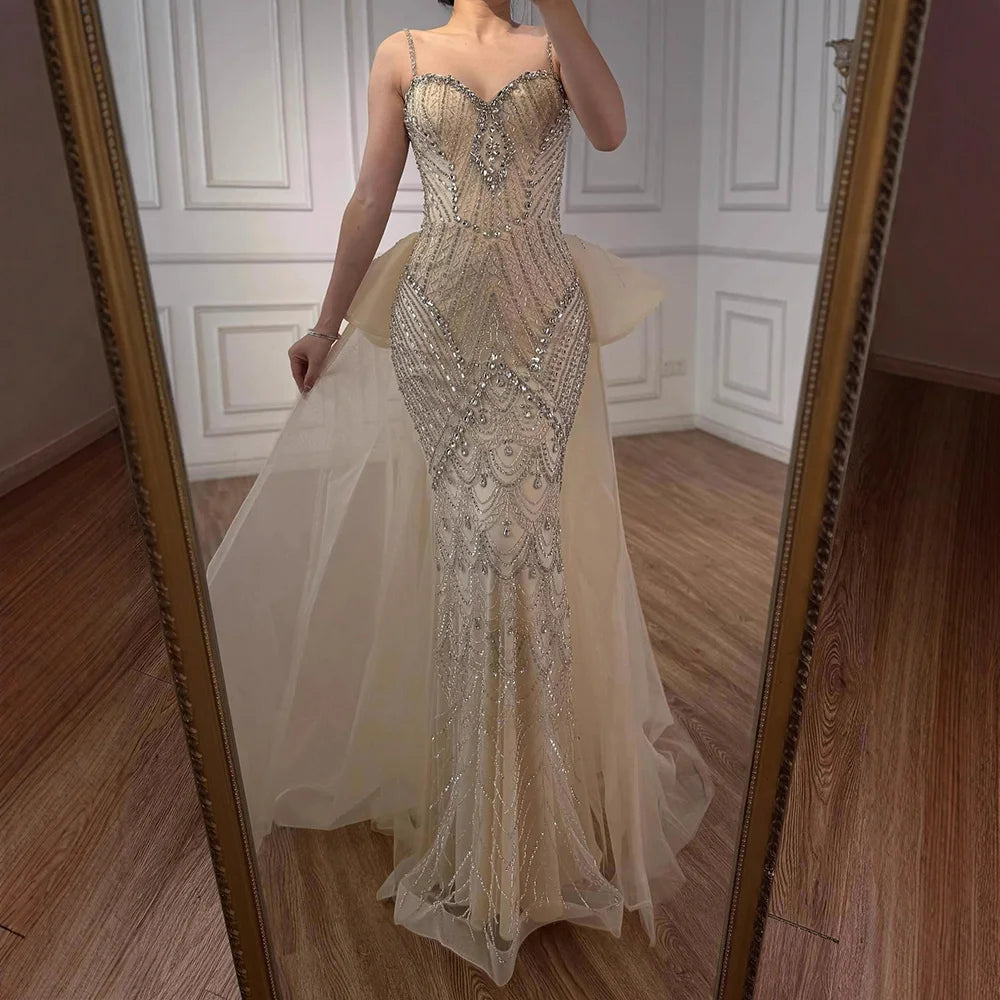 Luxury Pink Crystal Beaded Mermaid Evening Dress with Overskirt LA73143