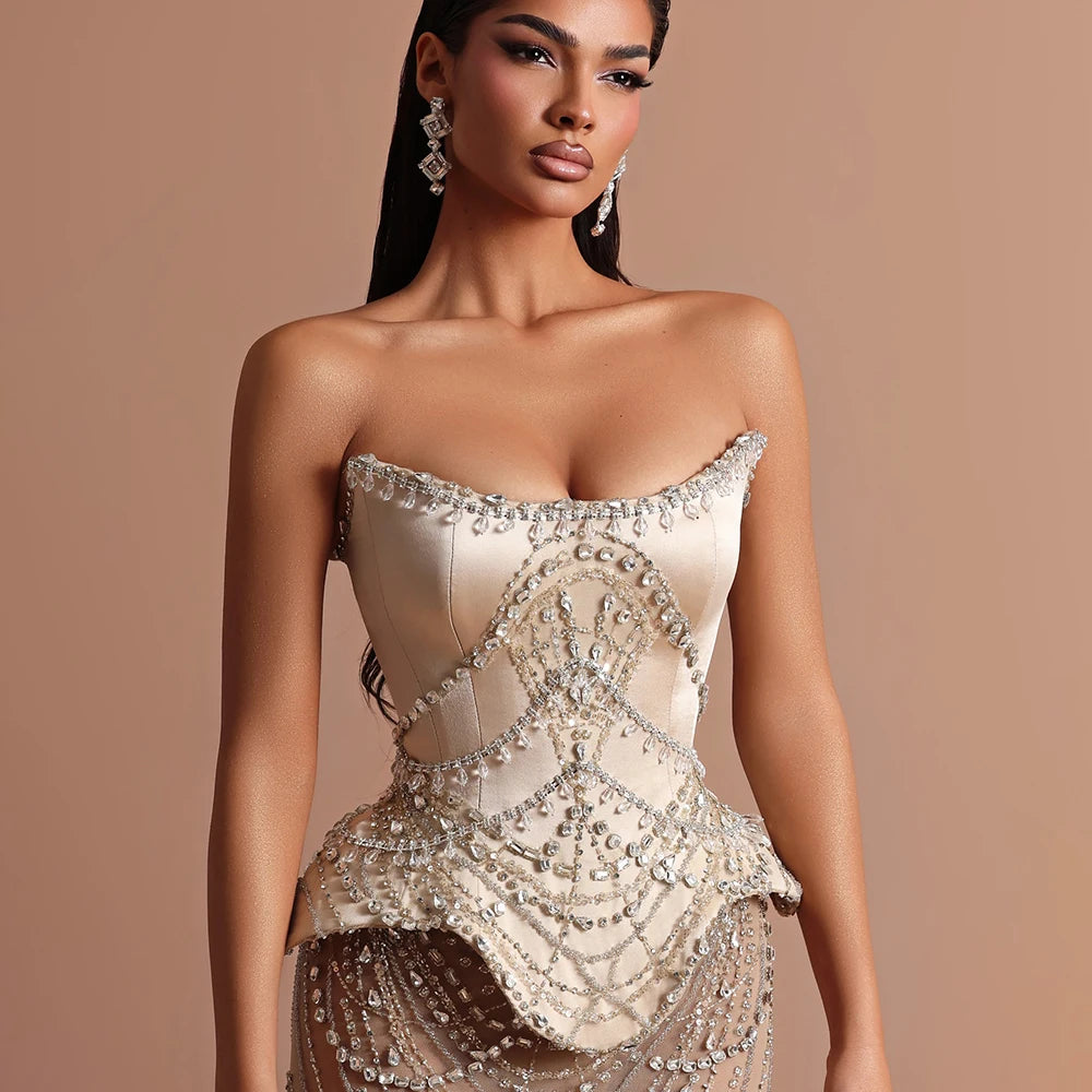 Luxury Nude Beaded Strapless Mermaid Evening Dress LA73166