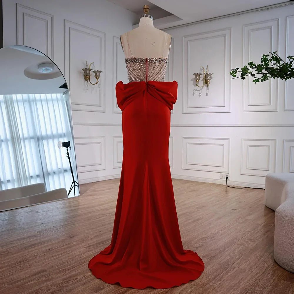 Luxury Red Satin Evening Dress with Bow Designer Gown LA73060