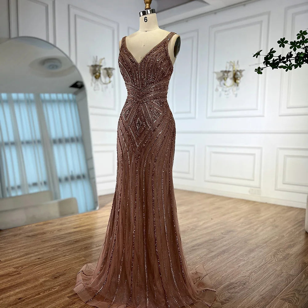 Brown V Neck Beaded Mermaid Evening Dress for Wedding Party LA73013