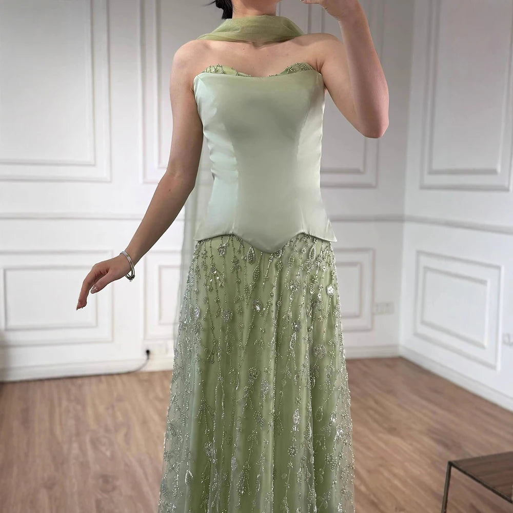 Luxury Sage Green and Pink Arabic Strapless Beaded Evening Dress LA72805D