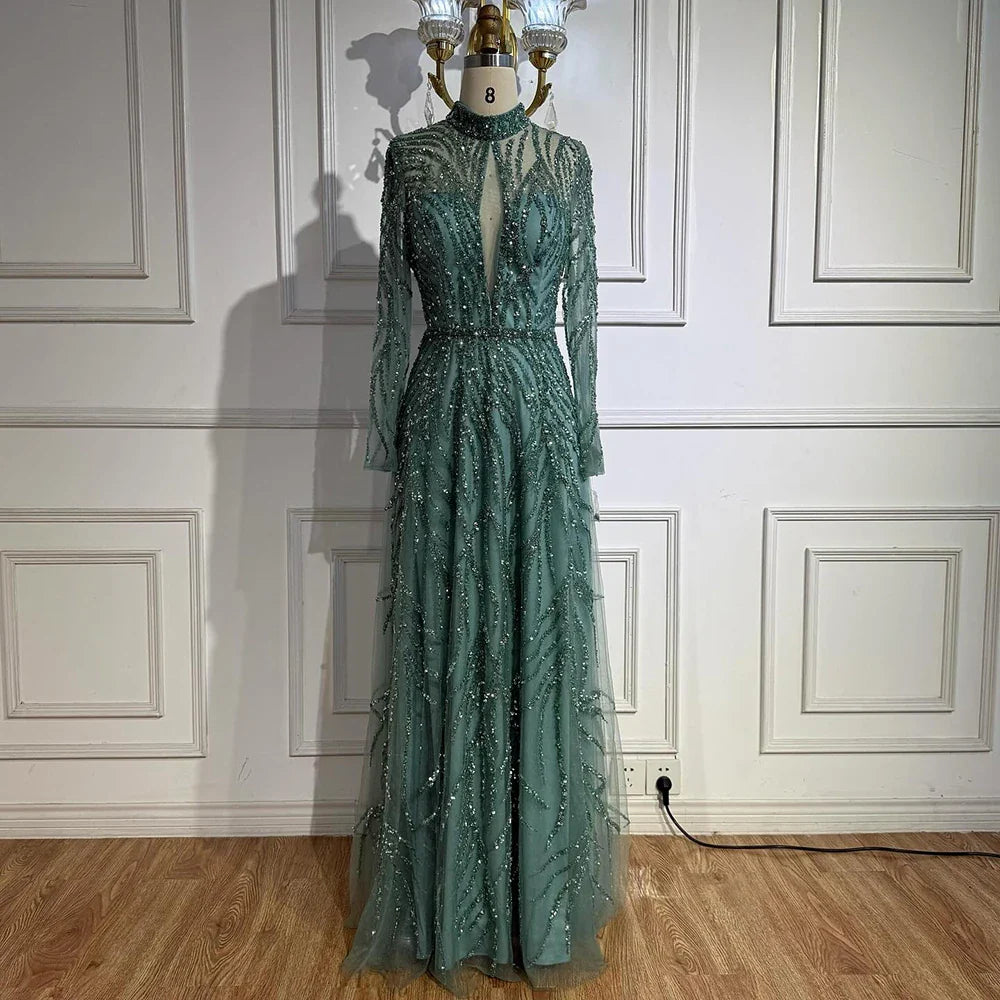 Elegant Turquoise High Neck A-Line Evening Dress Beaded LA71682A
