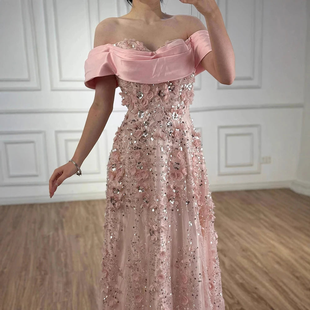 Luxury Pink A-Line Evening Dress with 3D Flowers & Beads LA73157