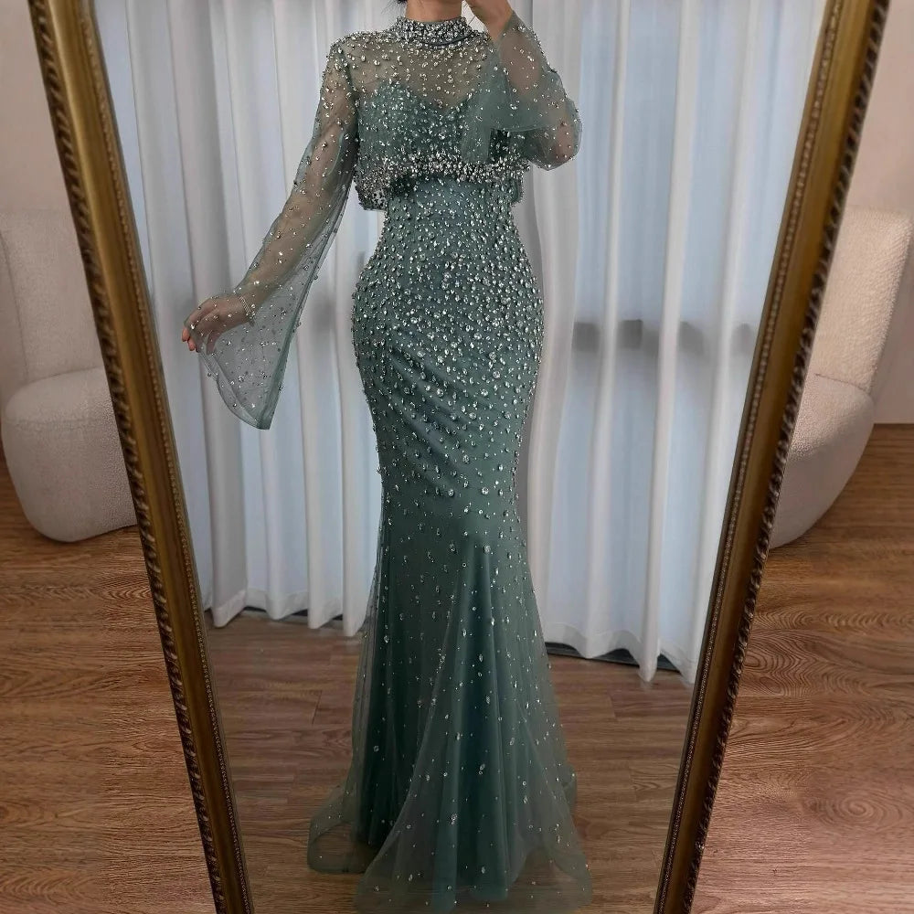 Luxury Turquoise Beaded Mermaid Evening Dress with Detachable Top LA73095
