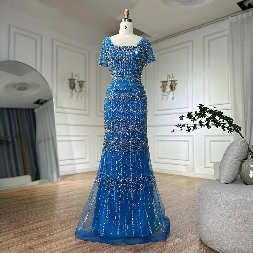 Luxury White Mermaid Square Neck Short Sleeves Evening Dresses LA72714