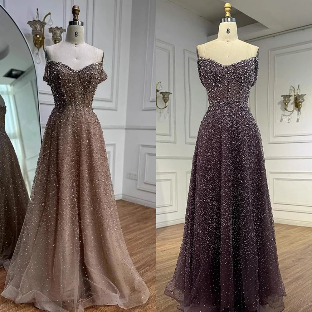 Caramel Off Shoulder A-Line Arabic Evening Dress LA72147B