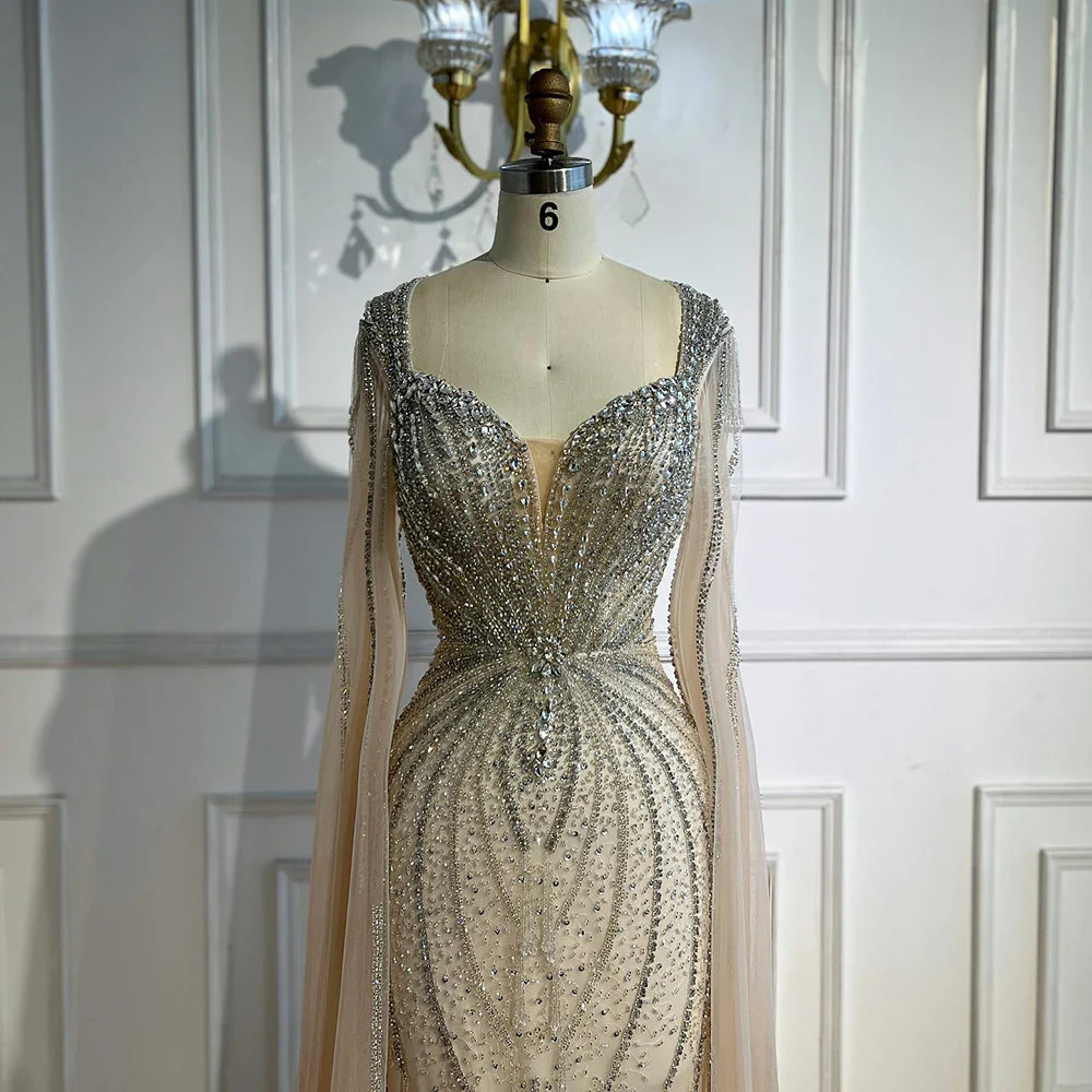 Elegant Beige Beaded Evening Dress with Cape Sleeves LA72992