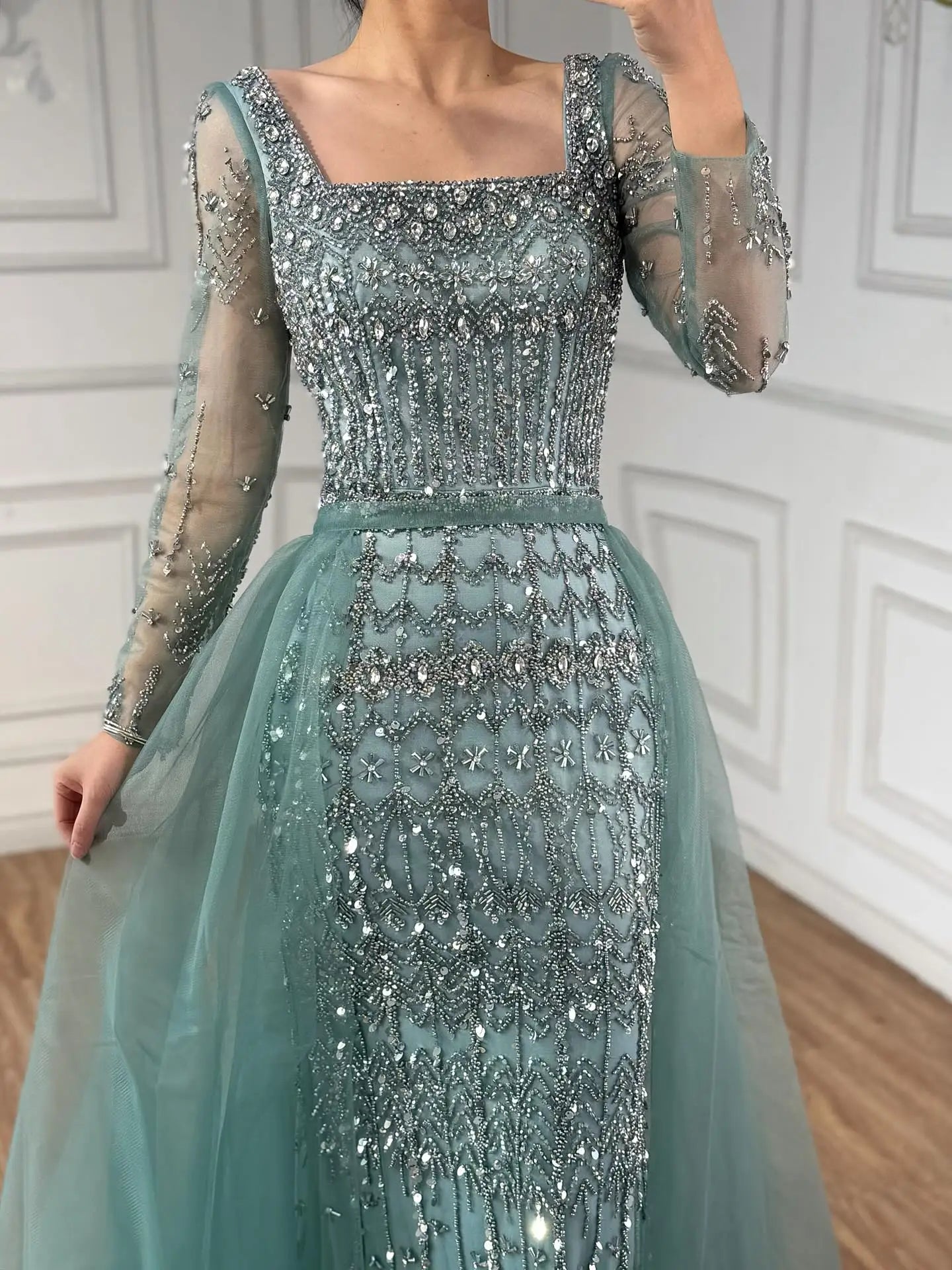 Luxury Arabic Square Neck Beaded Mermaid Evening Dress LA72714D