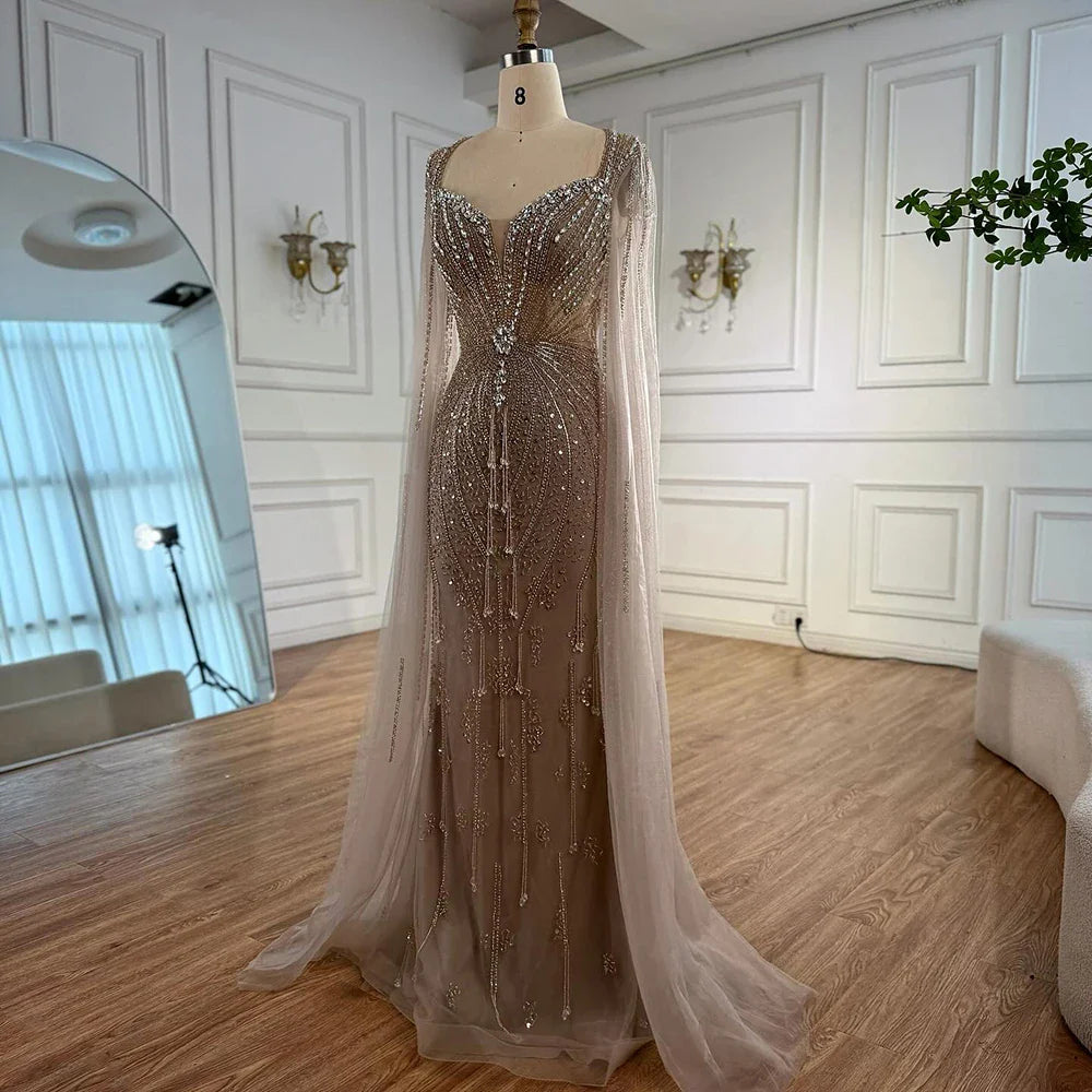 Elegant Beige Beaded Evening Dress with Cape Sleeves LA72992